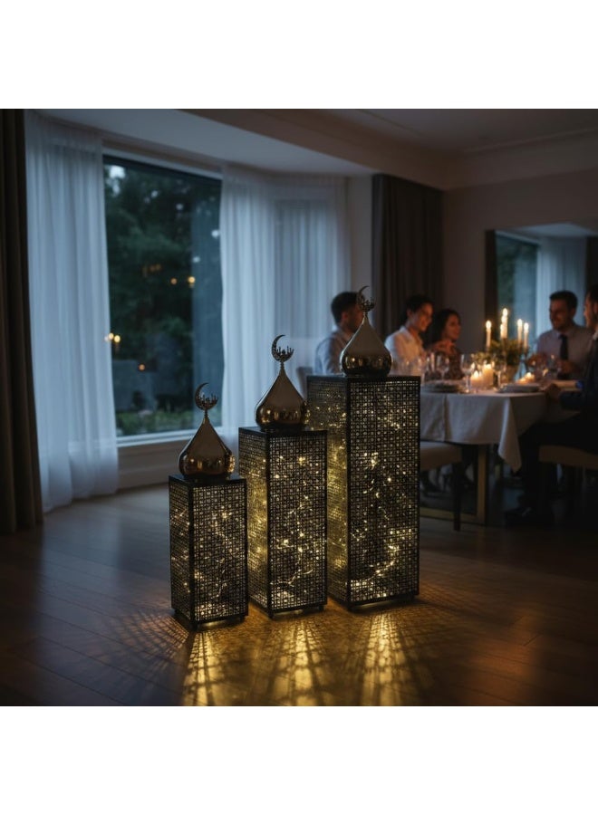 Mado Gallery Set of 3 Black Metal Islamic LED Lanterns with Crescent Moon – Warm Light Ramadan & Eid Indoor Outdoor Decor, Battery Operated (3 AA) - Image 5